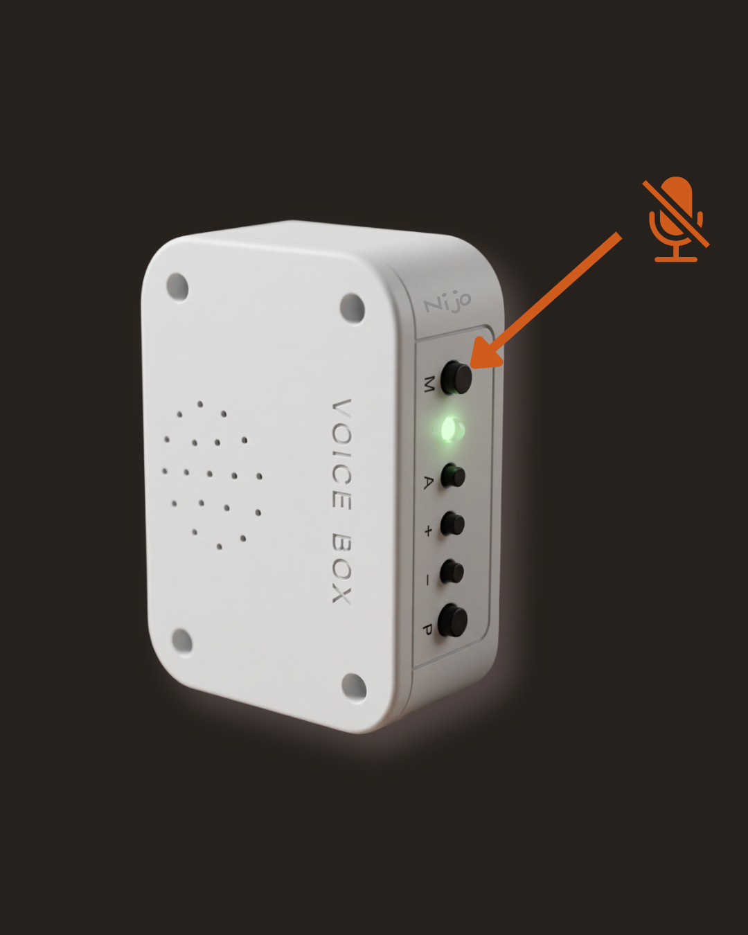 NijO Voice Box — the hardware mute switch physically disconnects the microphone